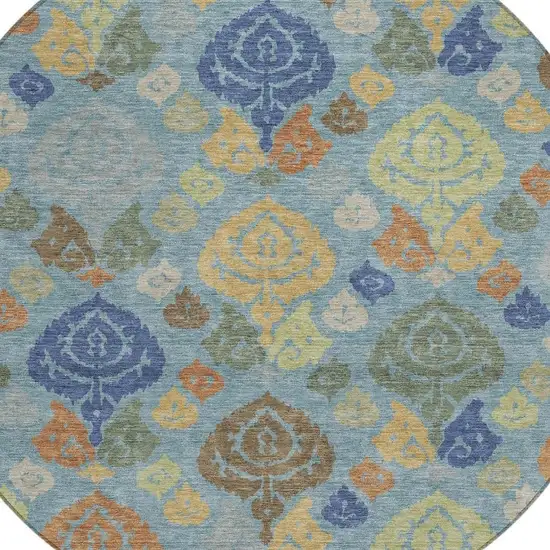 8' Teal Blue And Navy Blue Round Damask Washable Indoor Outdoor Area Rug Photo 2