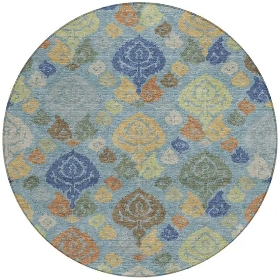 8' Teal Blue And Navy Blue Round Damask Washable Indoor Outdoor Area Rug Photo 3