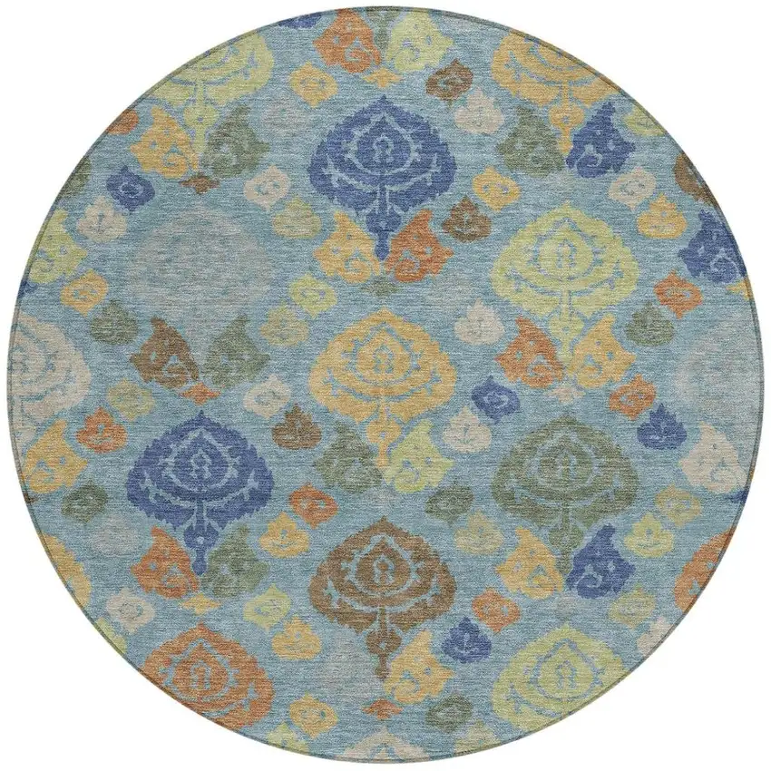 8' Teal Blue And Navy Blue Round Damask Washable Indoor Outdoor Area Rug Photo 3