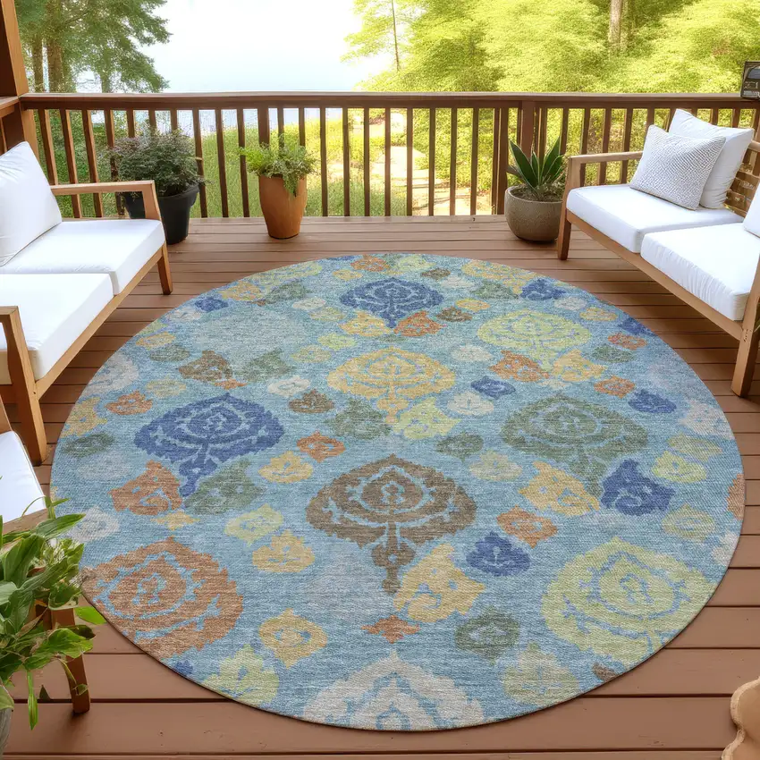 8' Teal Blue And Navy Blue Round Damask Washable Indoor Outdoor Area Rug Photo 4