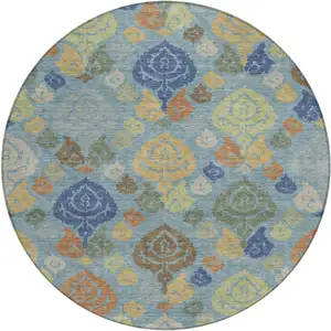 Photo of 8' Teal Blue And Navy Blue Round Damask Washable Indoor Outdoor Area Rug