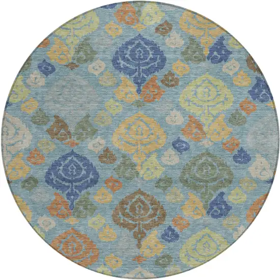 8' Teal Blue And Navy Blue Round Damask Washable Indoor Outdoor Area Rug Photo 1