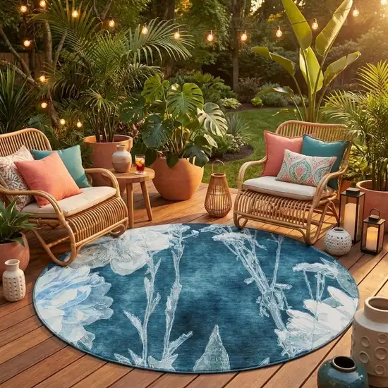 8' Teal Blue And Navy Blue Round Floral Washable Indoor Outdoor Area Rug Photo 1