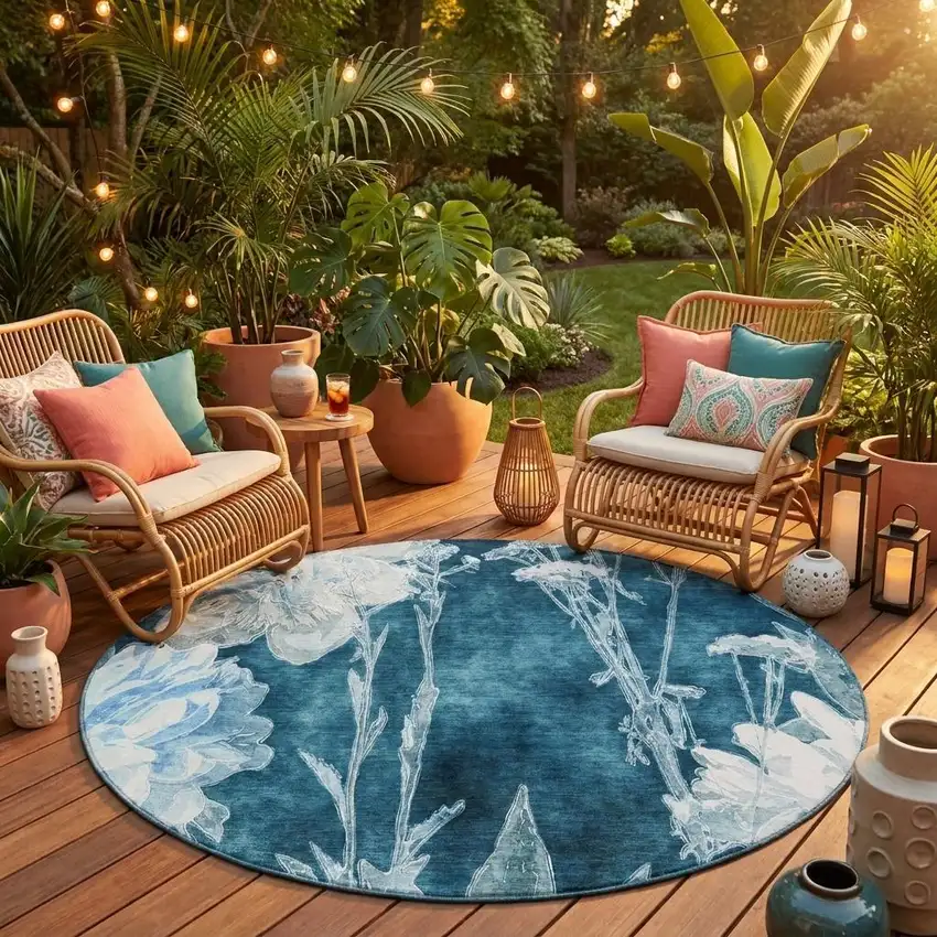 8' Teal Blue And Navy Blue Round Floral Washable Indoor Outdoor Area Rug Photo 1