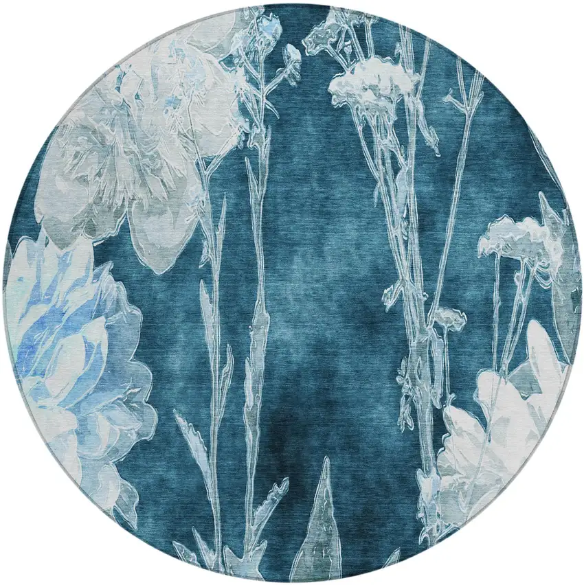 8' Teal Blue And Navy Blue Round Floral Washable Indoor Outdoor Area Rug Photo 2
