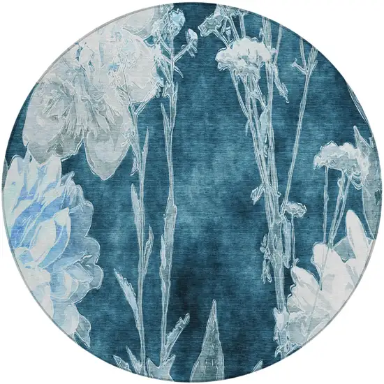 8' Teal Blue And Navy Blue Round Floral Washable Indoor Outdoor Area Rug Photo 2