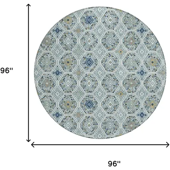 8' Teal Blue And Navy Blue Round Geometric Washable Indoor Outdoor Area Rug Photo 8