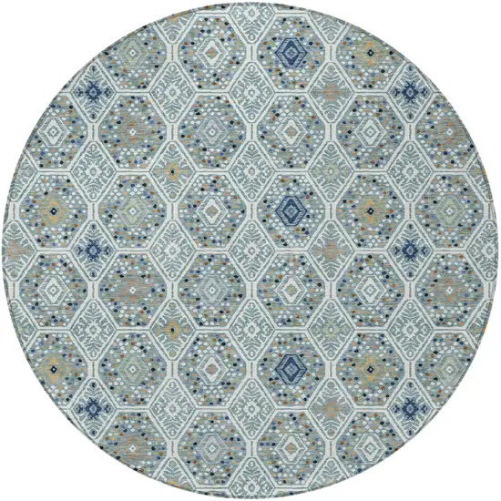 8' Teal Blue And Navy Blue Round Geometric Washable Indoor Outdoor Area Rug Photo 3