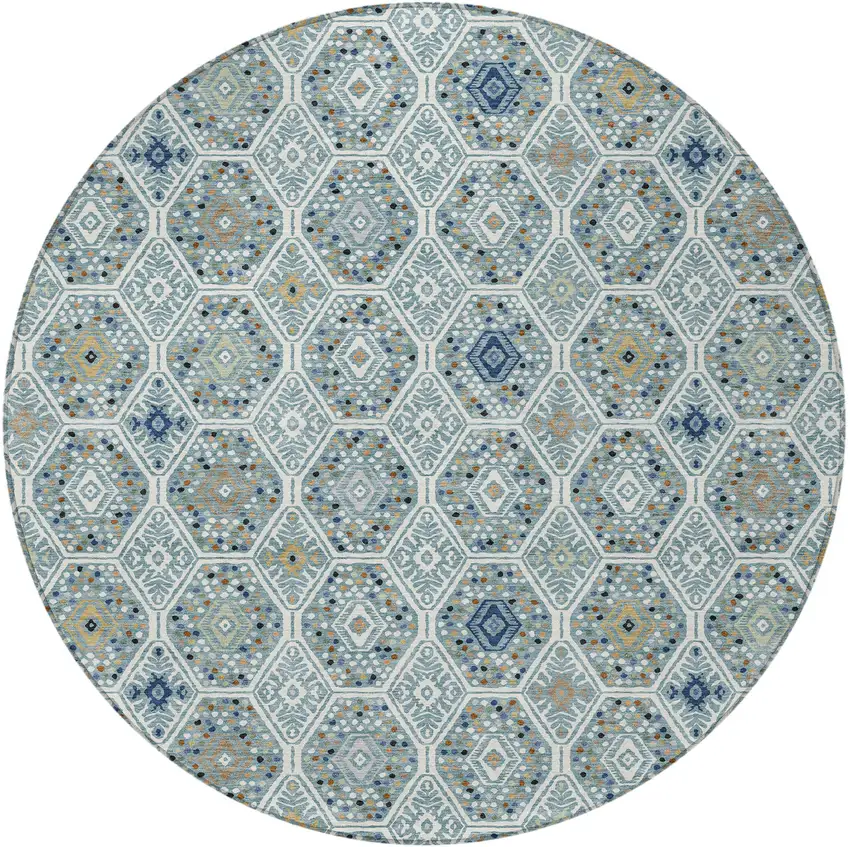 8' Teal Blue And Navy Blue Round Geometric Washable Indoor Outdoor Area Rug Photo 3