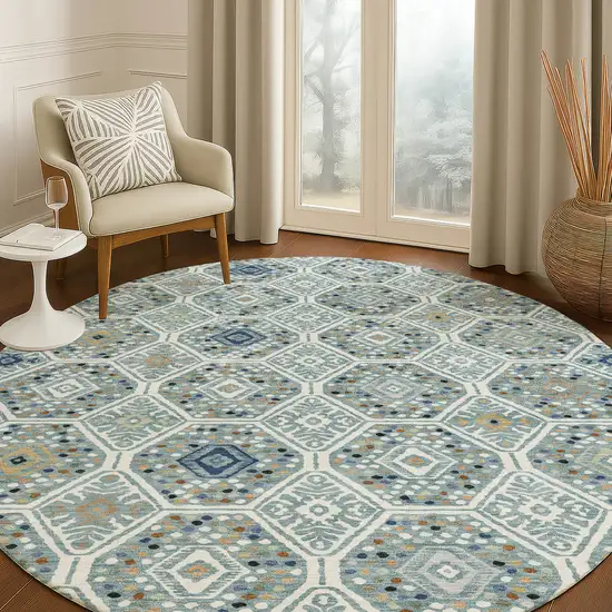 8' Teal Blue And Navy Blue Round Geometric Washable Indoor Outdoor Area Rug Photo 5