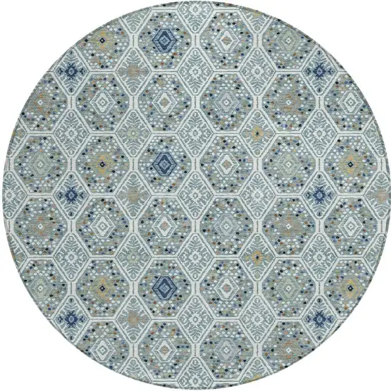 8' Teal Blue And Navy Blue Round Geometric Washable Indoor Outdoor Area Rug Photo 2