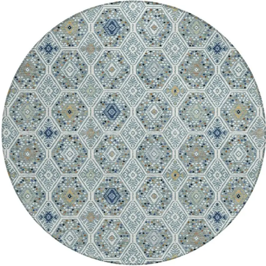 8' Teal Blue And Navy Blue Round Geometric Washable Indoor Outdoor Area Rug Photo 2