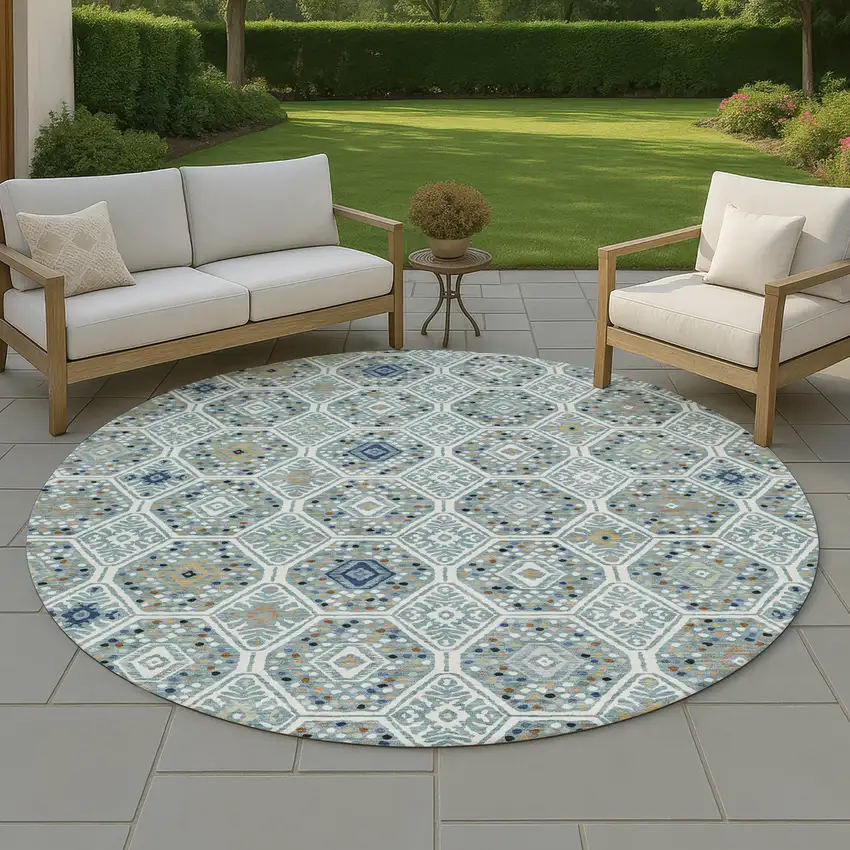 8' Teal Blue And Navy Blue Round Geometric Washable Indoor Outdoor Area Rug Photo 4