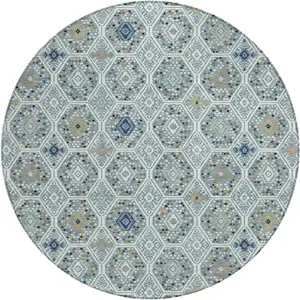 Photo of 8' Teal Blue And Navy Blue Round Geometric Washable Indoor Outdoor Area Rug