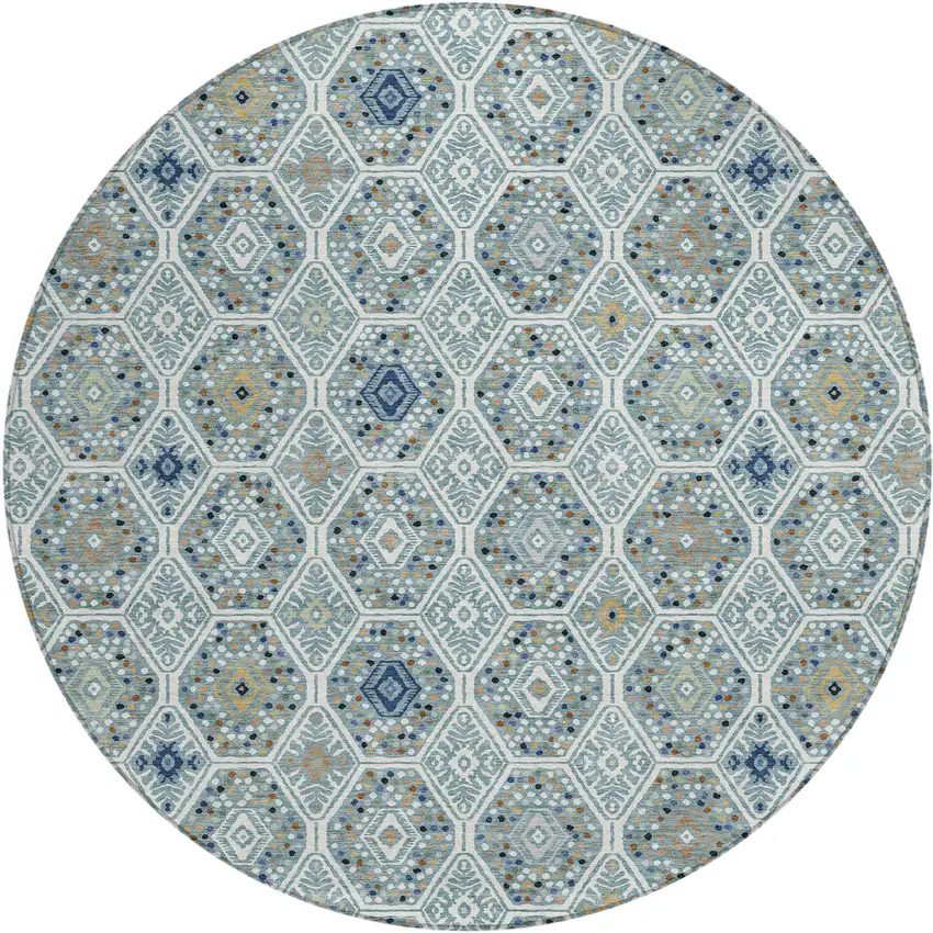 8' Teal Blue And Navy Blue Round Geometric Washable Indoor Outdoor Area Rug Photo 1