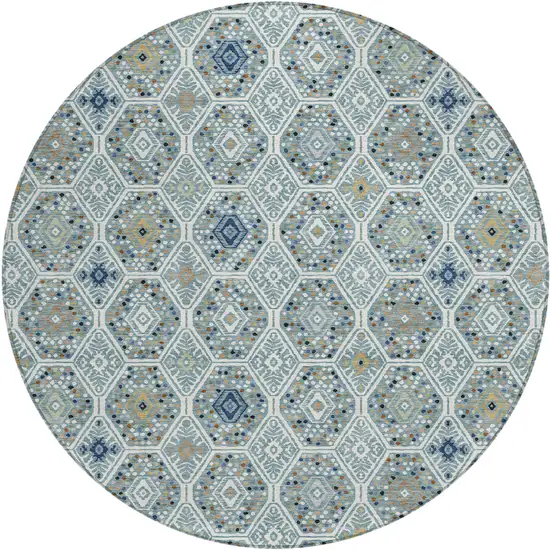 8' Teal Blue And Navy Blue Round Geometric Washable Indoor Outdoor Area Rug Photo 1