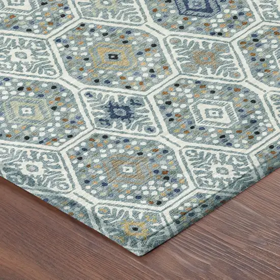 8' Teal Blue And Navy Blue Round Geometric Washable Indoor Outdoor Area Rug Photo 6