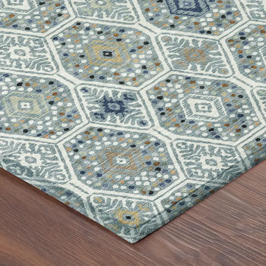 8' Teal Blue And Navy Blue Round Geometric Washable Indoor Outdoor Area Rug Photo 6