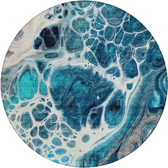 8' Teal Blue And Navy Blue Round Nautical Washable Indoor Outdoor Area Rug Photo 2