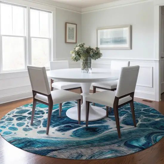 8' Teal Blue And Navy Blue Round Nautical Washable Indoor Outdoor Area Rug Photo 7