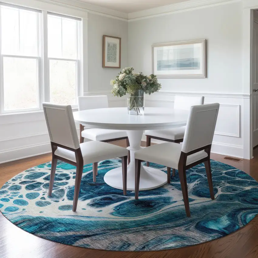 8' Teal Blue And Navy Blue Round Nautical Washable Indoor Outdoor Area Rug Photo 7