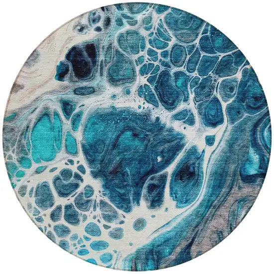 8' Teal Blue And Navy Blue Round Nautical Washable Indoor Outdoor Area Rug Photo 5