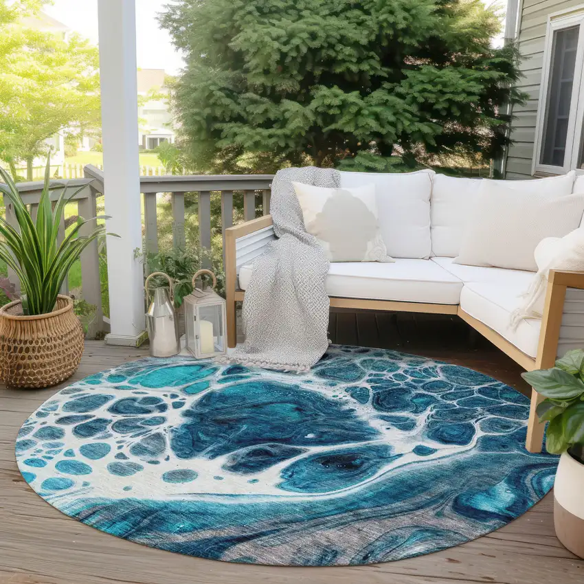 8' Teal Blue And Navy Blue Round Nautical Washable Indoor Outdoor Area Rug Photo 6