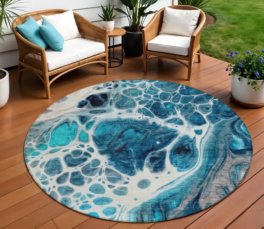 8' Teal Blue And Navy Blue Round Nautical Washable Indoor Outdoor Area Rug Photo 1