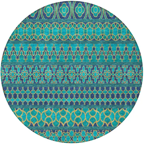 8' Teal Blue And Navy Blue Round Quatrefoil Washable Indoor Outdoor Area Rug Photo 6