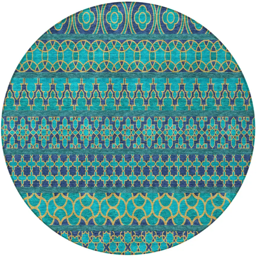 8' Teal Blue And Navy Blue Round Quatrefoil Washable Indoor Outdoor Area Rug Photo 6
