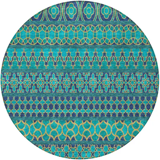 8' Teal Blue And Navy Blue Round Quatrefoil Washable Indoor Outdoor Area Rug Photo 6