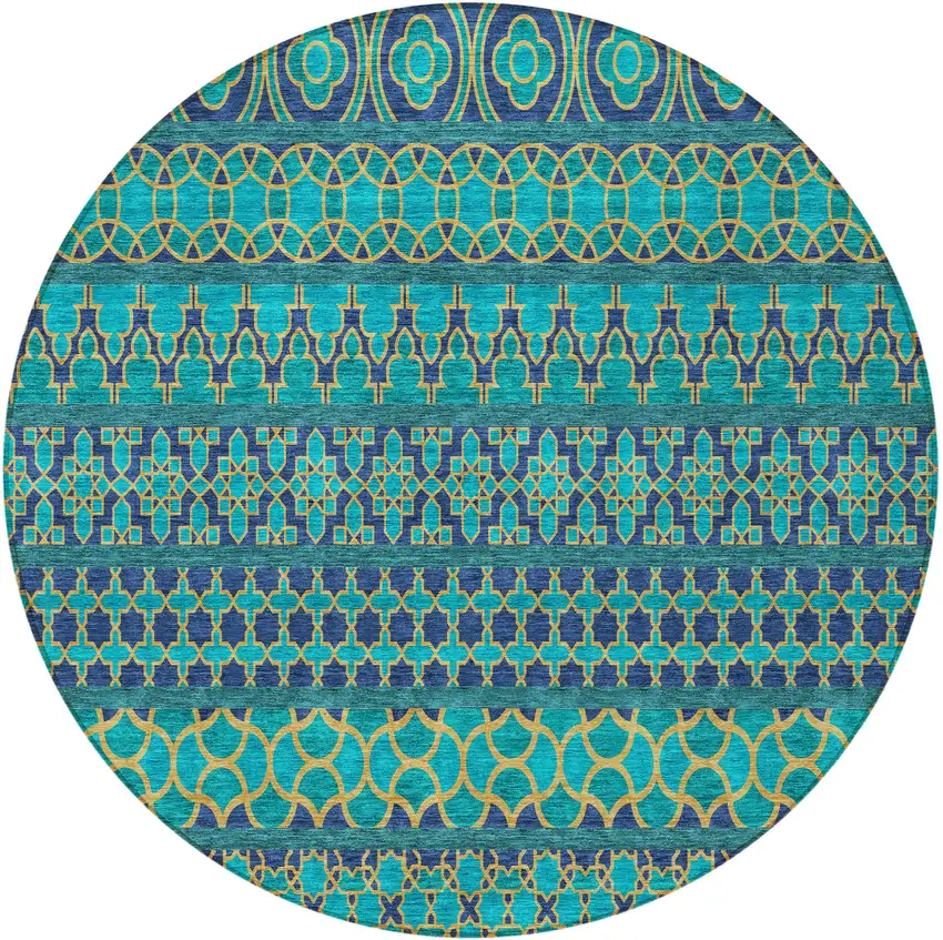 8' Teal Blue And Navy Blue Round Quatrefoil Washable Indoor Outdoor Area Rug Photo 6