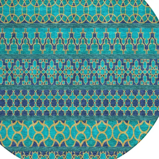 8' Teal Blue And Navy Blue Round Quatrefoil Washable Indoor Outdoor Area Rug Photo 5