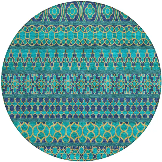 8' Teal Blue And Navy Blue Round Quatrefoil Washable Indoor Outdoor Area Rug Photo 2