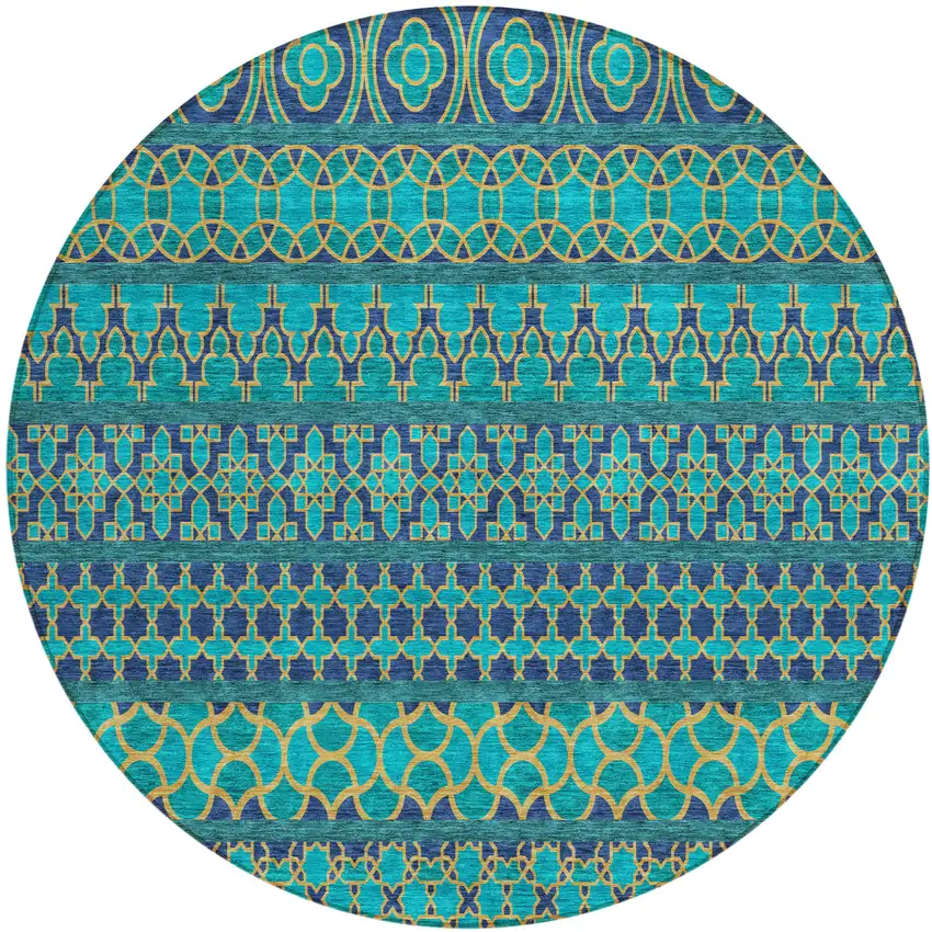 8' Teal Blue And Navy Blue Round Quatrefoil Washable Indoor Outdoor Area Rug Photo 2