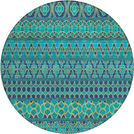 8' Teal Blue And Navy Blue Round Quatrefoil Washable Indoor Outdoor Area Rug Photo 2