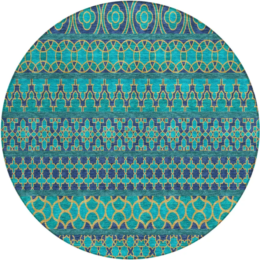 8' Teal Blue And Navy Blue Round Quatrefoil Washable Indoor Outdoor Area Rug Photo 2
