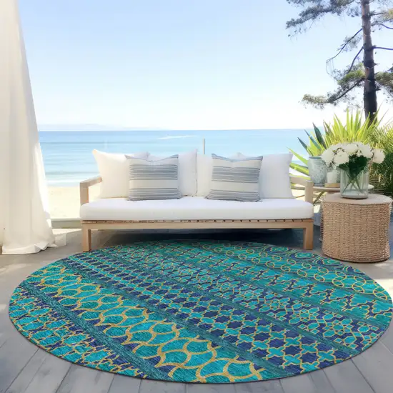 8' Teal Blue And Navy Blue Round Quatrefoil Washable Indoor Outdoor Area Rug Photo 7