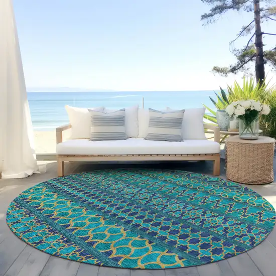 8' Teal Blue And Navy Blue Round Quatrefoil Washable Indoor Outdoor Area Rug Photo 7