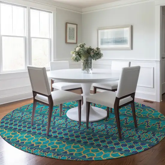 8' Teal Blue And Navy Blue Round Quatrefoil Washable Indoor Outdoor Area Rug Photo 9