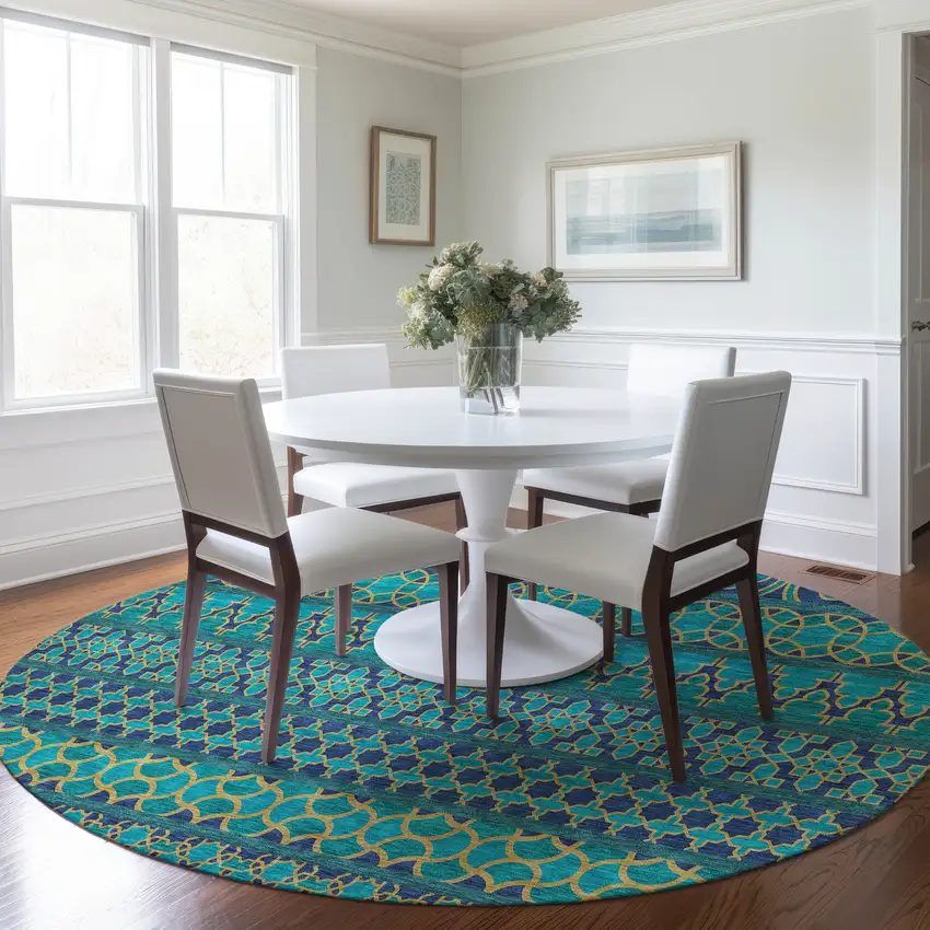 8' Teal Blue And Navy Blue Round Quatrefoil Washable Indoor Outdoor Area Rug Photo 9