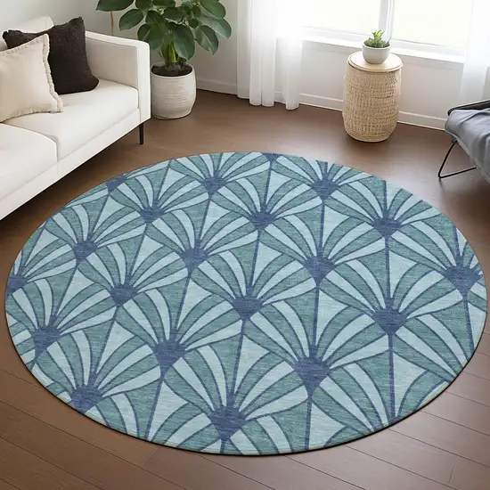 8' Teal Blue And Navy Blue Round Seashell Washable Indoor Outdoor Area Rug Photo 5