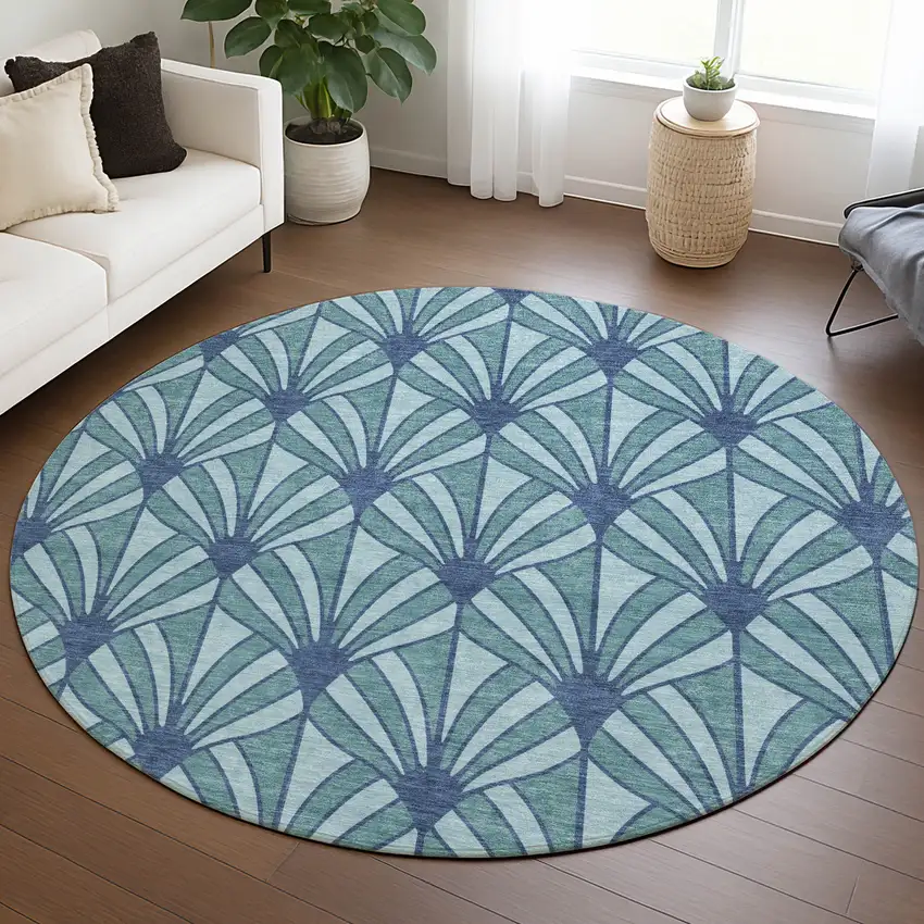 8' Teal Blue And Navy Blue Round Seashell Washable Indoor Outdoor Area Rug Photo 5