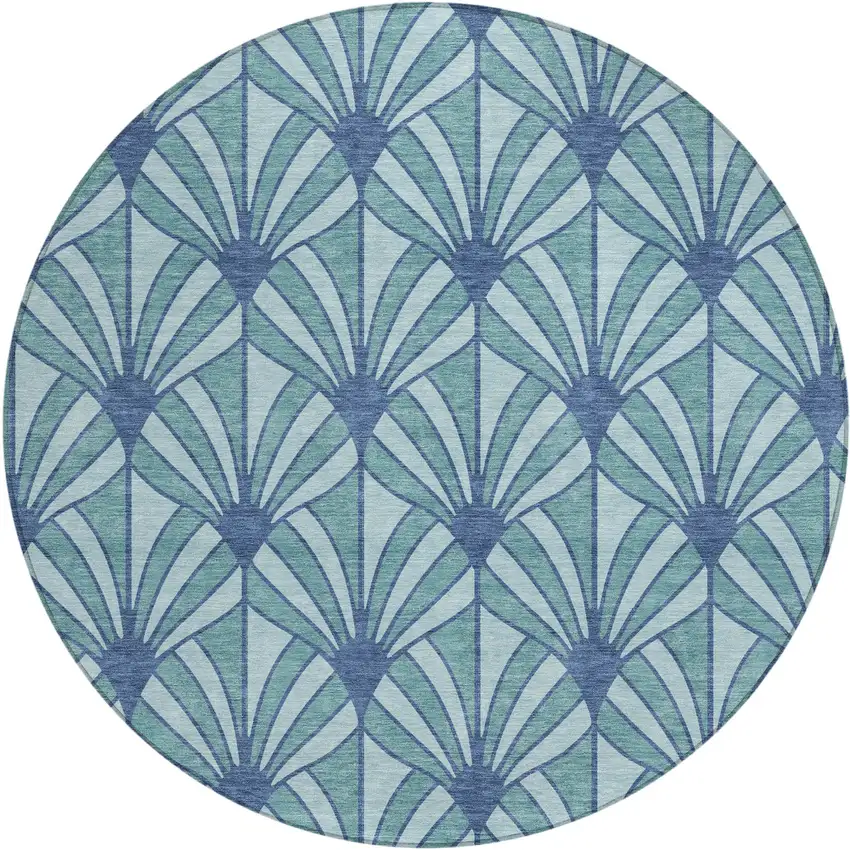 8' Teal Blue And Navy Blue Round Seashell Washable Indoor Outdoor Area Rug Photo 1