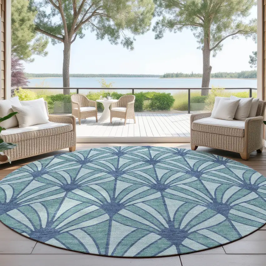 8' Teal Blue And Navy Blue Round Seashell Washable Indoor Outdoor Area Rug Photo 4