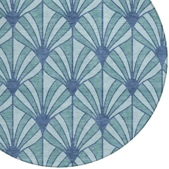 8' Teal Blue And Navy Blue Round Seashell Washable Indoor Outdoor Area Rug Photo 2