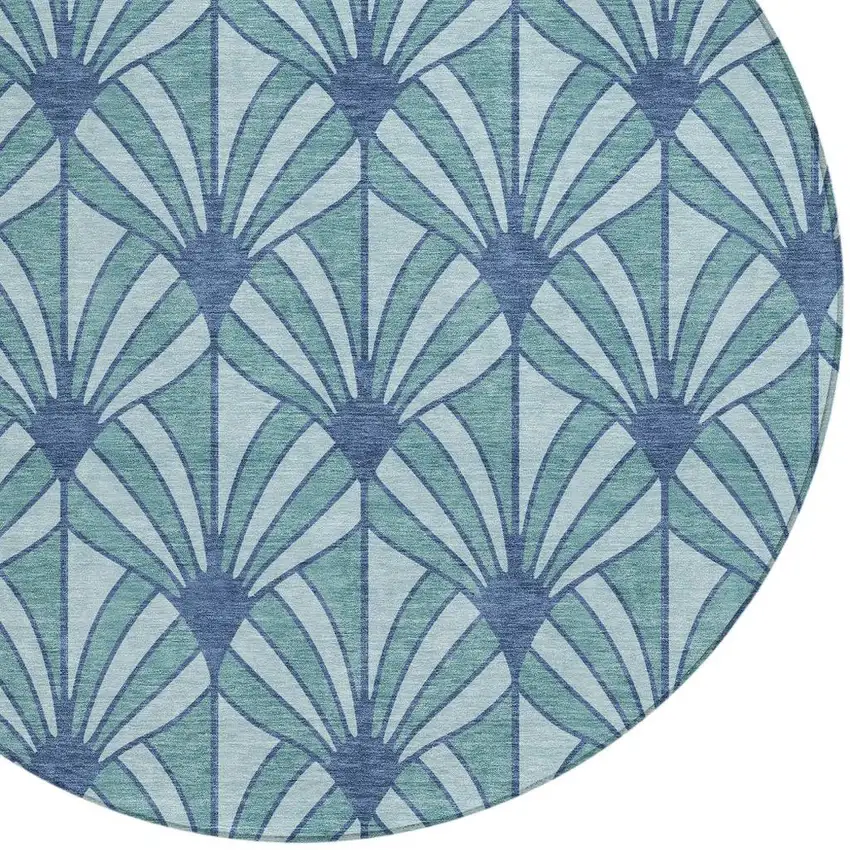 8' Teal Blue And Navy Blue Round Seashell Washable Indoor Outdoor Area Rug Photo 2
