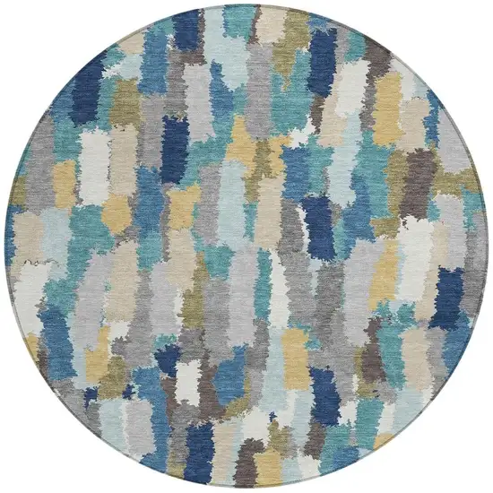 8' Teal Blue And Navy Blue Round Striped Washable Indoor Outdoor Area Rug Photo 3