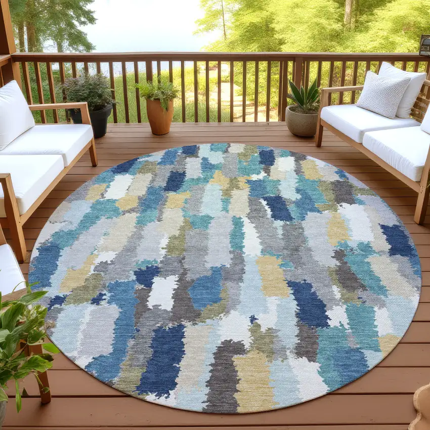 8' Teal Blue And Navy Blue Round Striped Washable Indoor Outdoor Area Rug Photo 4