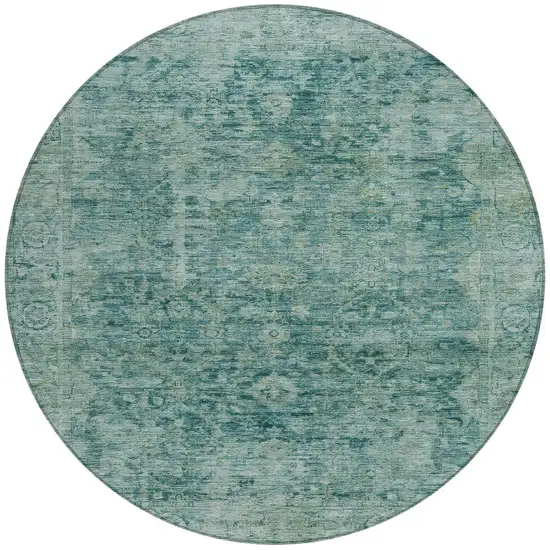 8' Teal Blue And Olive Green Round Abstract Washable Indoor Outdoor Area Rug Photo 3